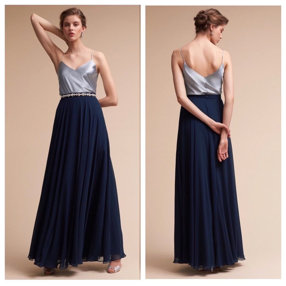 BHLDN Navy Maxi Skirt with Silver Satin Bodice and Jeweled Waist